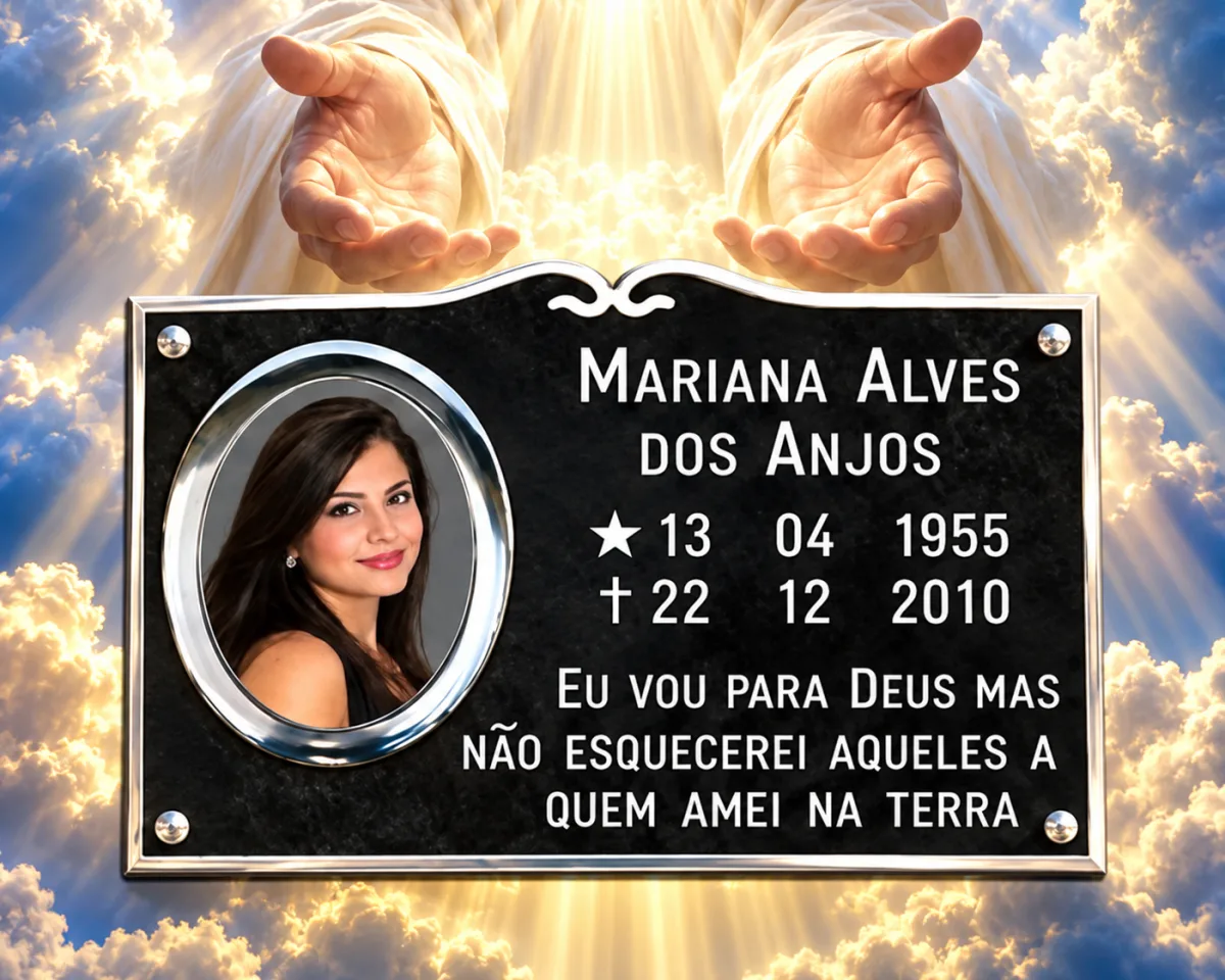 Placa de túmulo preta com foto oval em moldura prateada, nome, datas e frase