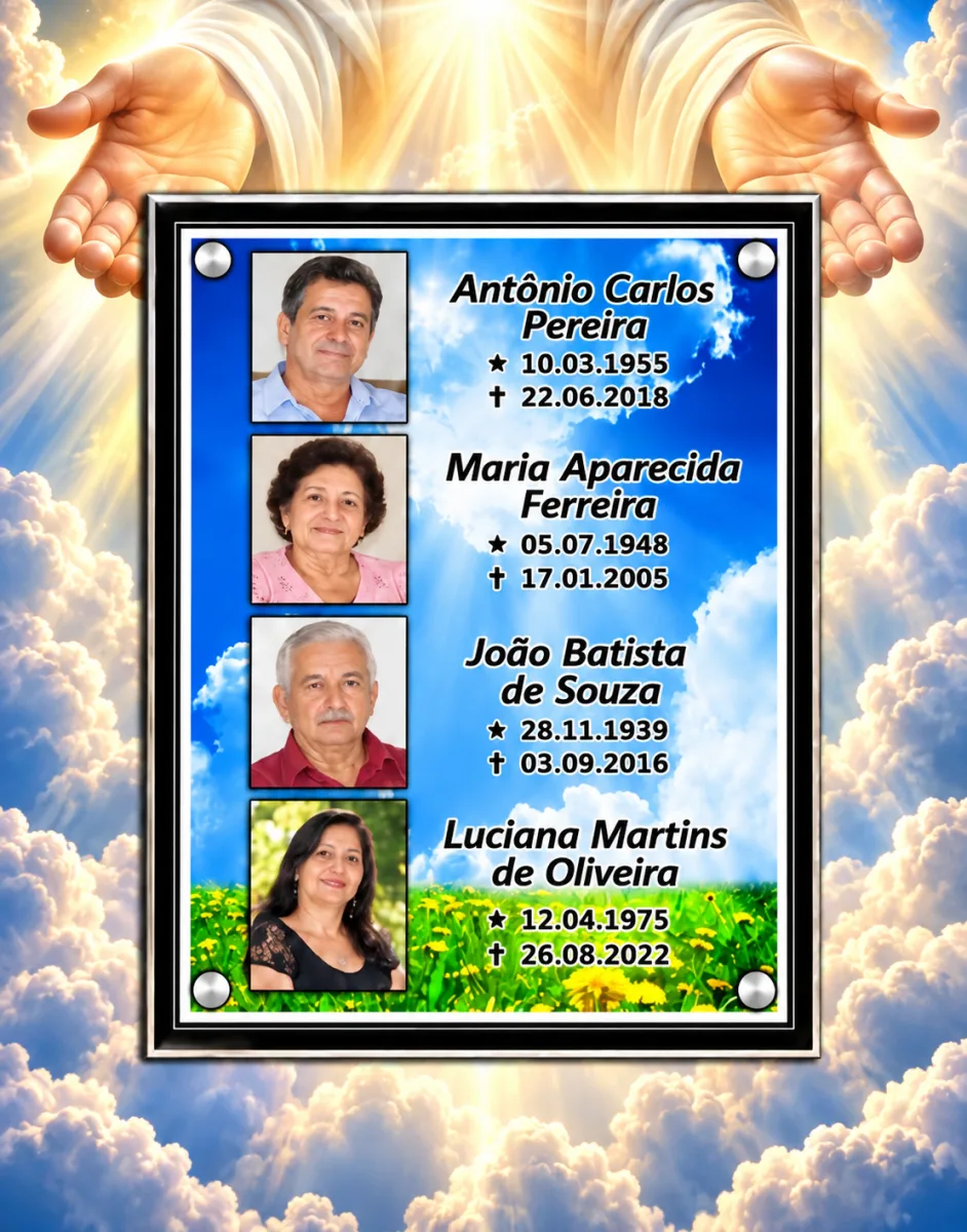 Placa de vidro para jazigo de família com quatro fotos, nomes e datas sobre fundo de céu