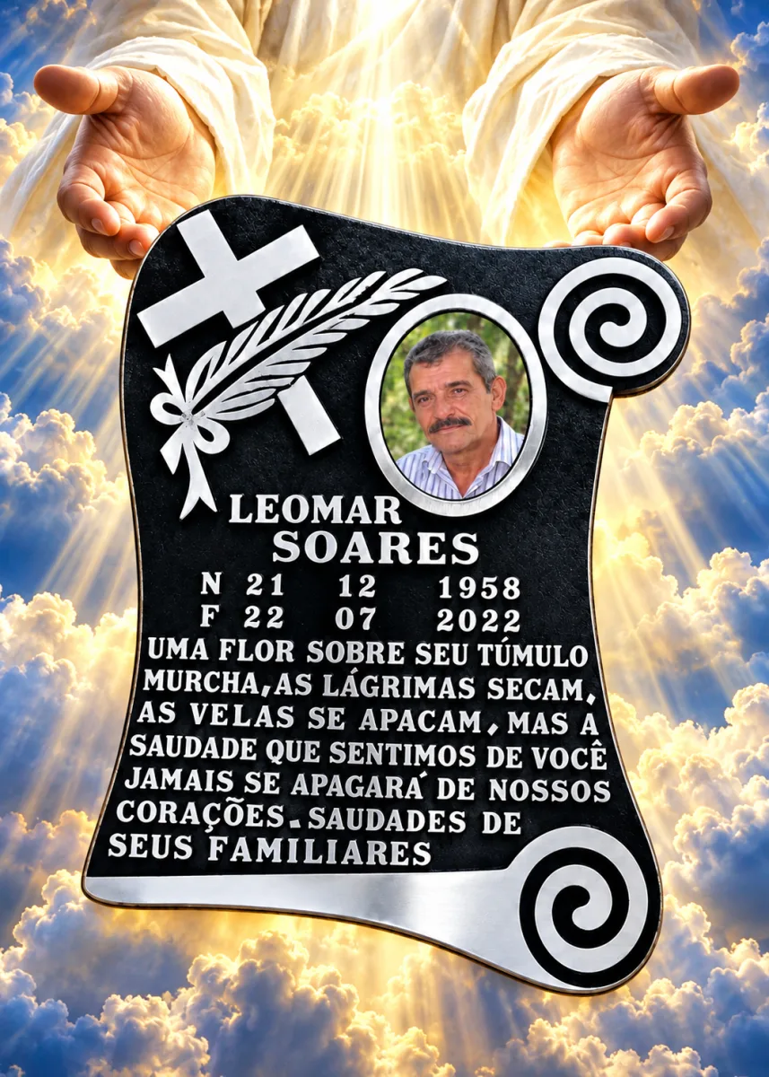 Placa de túmulo em alumínio no formato de pergaminho, com cruz, foto oval, nome, datas e mensagem de saudade